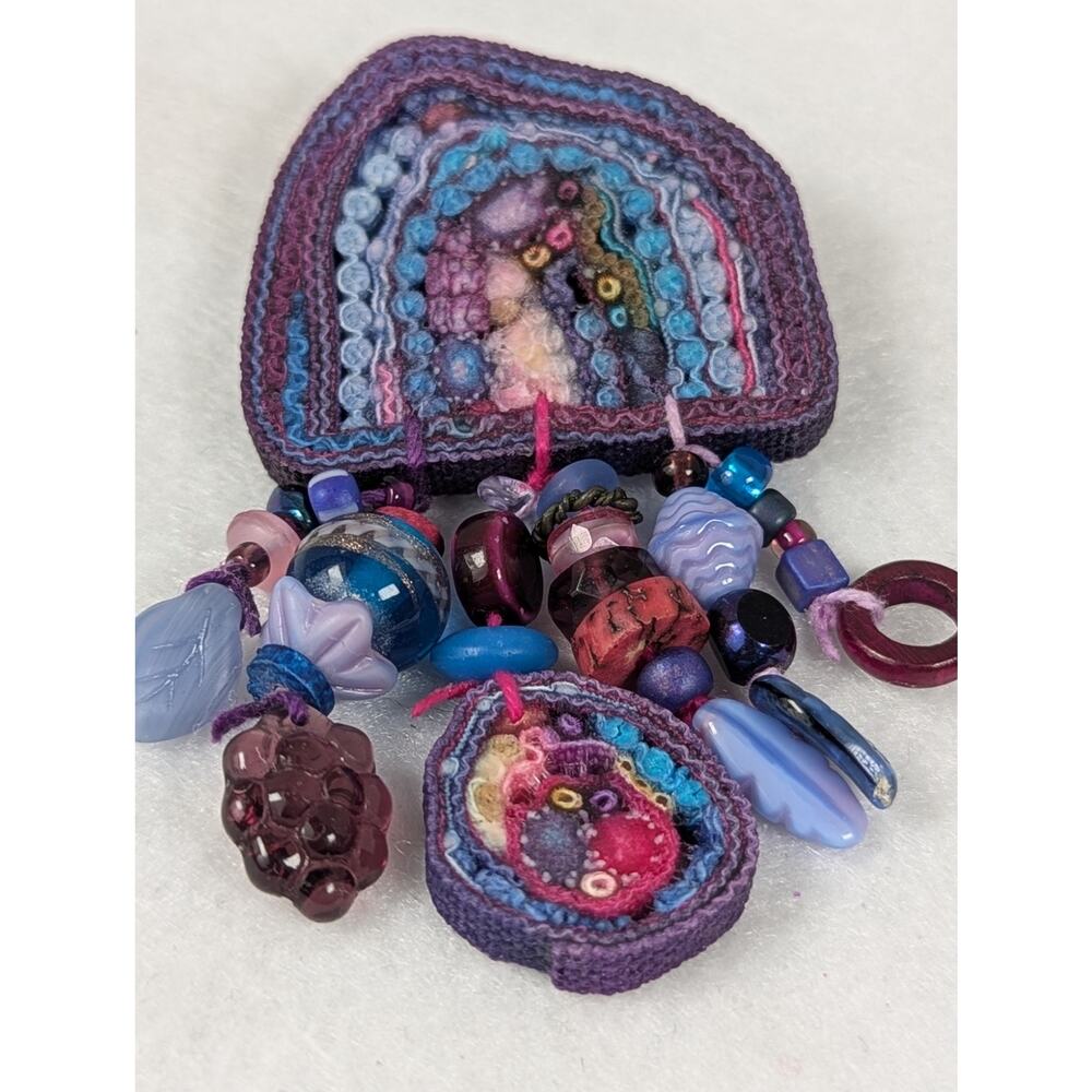 Handmade Fiber Art Pin Brooch - Mixed Media & Art beads- Juried Gallery Piece